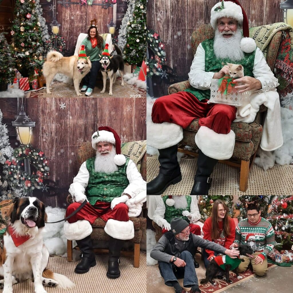 Pictures with Santa from previous years at PAWS. Some have dogs, others cats.