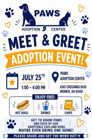 Flyer with details about a meet and greet adoption event including the date and time