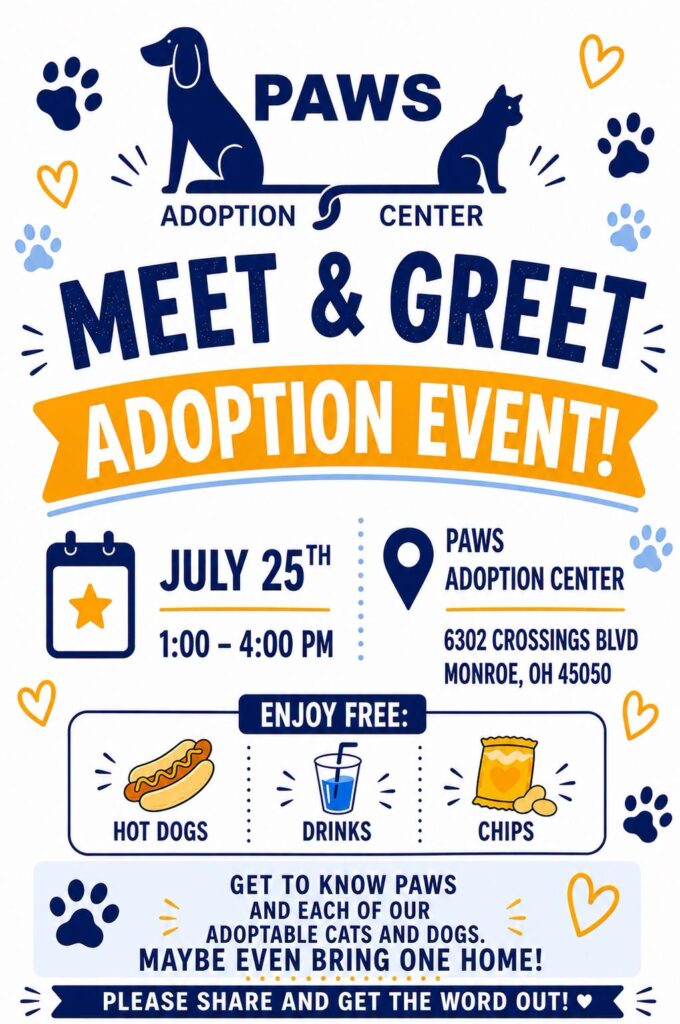 Flyer with details about a meet and greet adoption event including the date and time